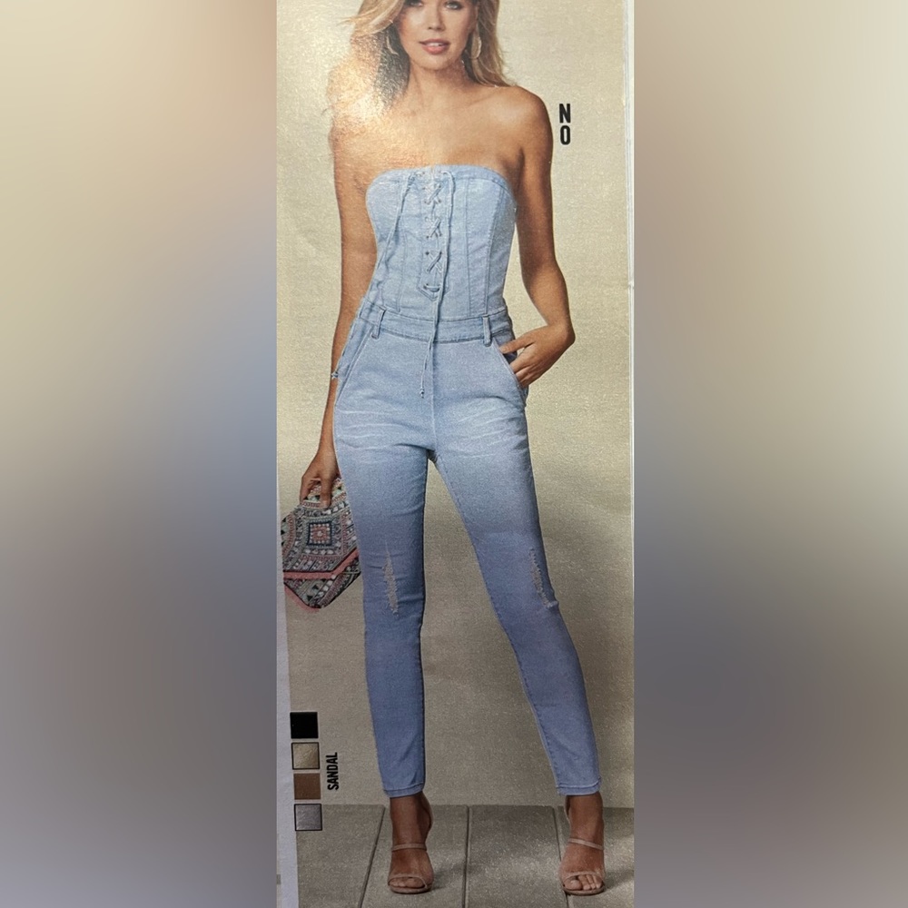 Distressed denim bustier jumpsuit